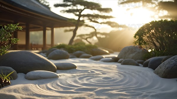 Zen garden bathed in the soft glow of dawn as a serene symbol for relaxation, AI generated