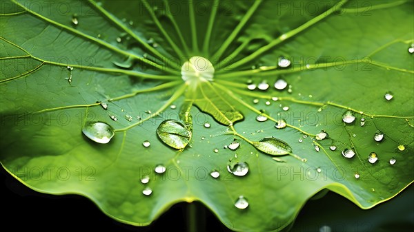Close up of a lotus leaf showcasing its hydrophobic tendencies repelling water droplets, AI