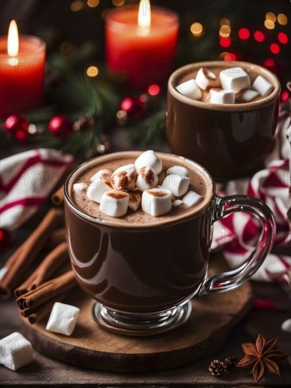 A close-up of a steaming cup of hot cocoa topped with marshmallows, surrounded by cinnamon sticks,