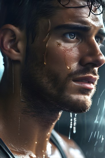 Portrait of sweating man after workout, AI generated