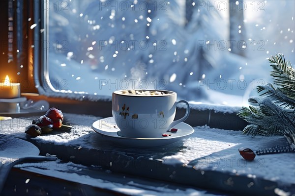 Coffee cup on a plate by a snow covered window creating a cozy winter feeling, AI generated