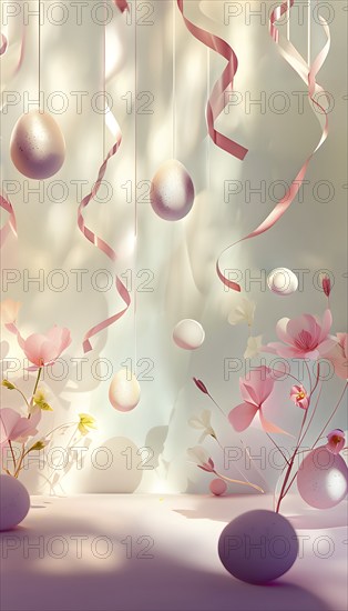 Surreal Easter scene with floating eggs, ribbons, and flowers in a dreamlike, whimsical composition