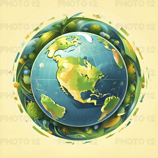 Illustration of a globe composed of triangular solar panels and swirling wind patterns, symbolizing