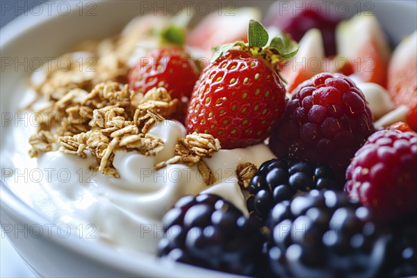 Close up of healthy bowl with yoghurt, granola, strawberry, raspberry and blackberry. Generative