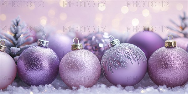 Christmas banner with pink and purple bauble ornaments with copy space. Generative AI, AI generated