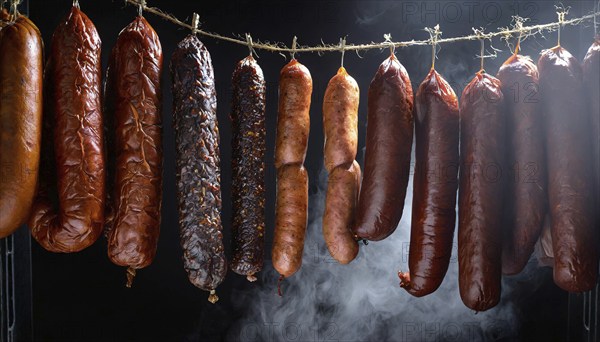 Food, various smoked sausages hanging on a string next to each other in the smoker, AI generated,