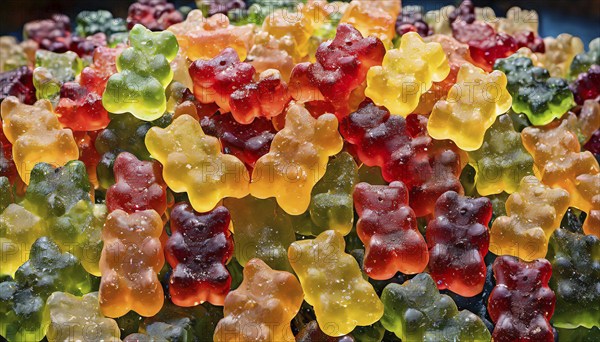 Gummy bears in vivid colours, with focus on texture and details, gummy bears, AI generated, AI