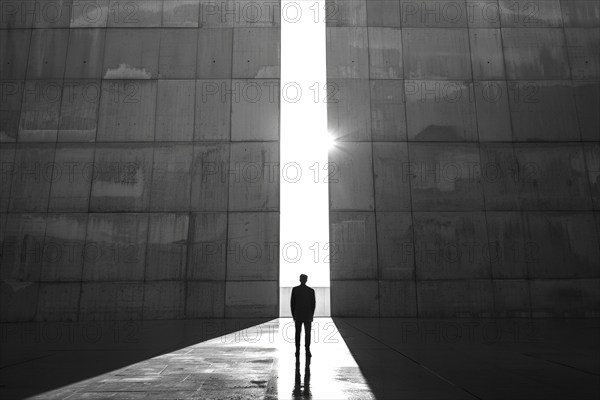 Silhouette of a man standing in front of a gigantic wall, sunlight shining through a gap, symbolic
