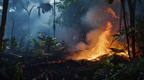Destructive act of fire clearing within the amazon rainforest, AI generated