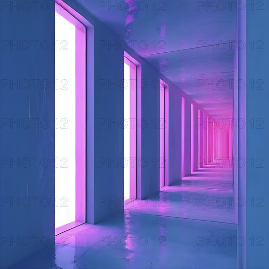 Windows aligned within an elongated tunnel permeated with gradients of blue and magenta hues, AI
