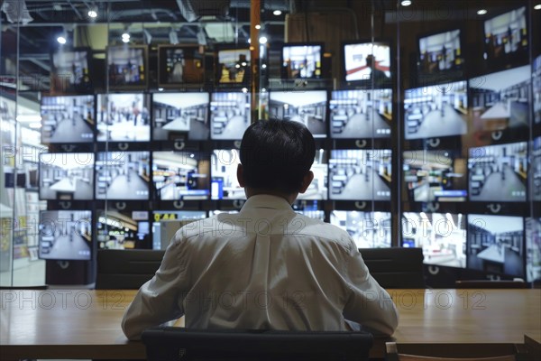 A man sits in a control room with many monitors and monitors various areas in a shopping centre, AI