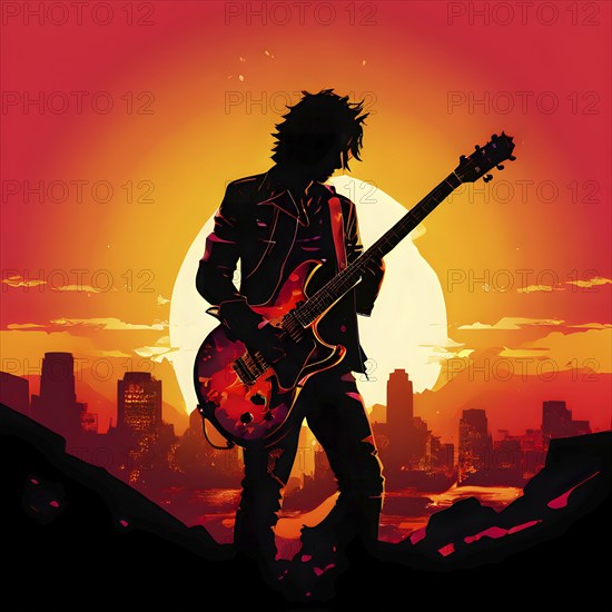 Illustration of a rock star silhouette clutching guitar against abstract urban skyline morphing