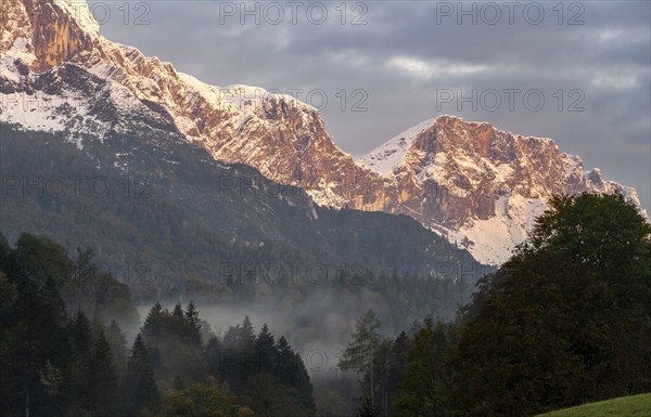 Mountain peak of the Untersberg at sunrise, mountain landscape with snow in autumn, Untersberg,