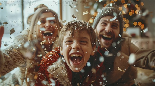Young happy family laughing together on christmas morning amongst the confetti and wrapping paper