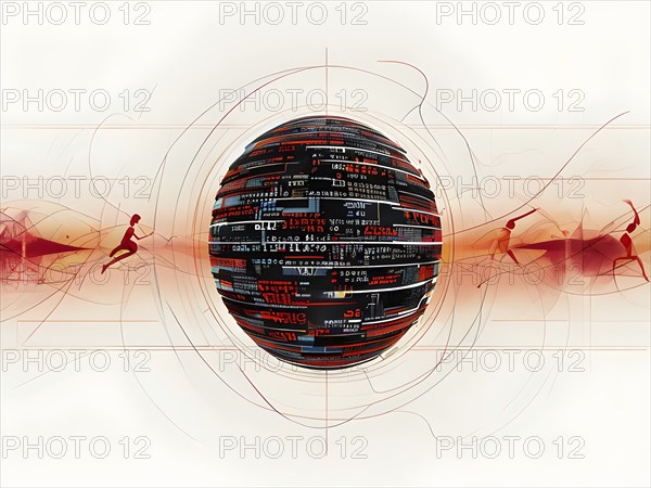 Illustration of an abstract, vibrant orange colored rotating digital sphere with patterns