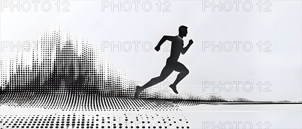 Wave of data points shaping into a runners silhouette, abstract illustration in black and white,