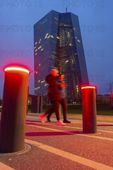Building of the European Central Bank, ECB, on the Main in Frankfurt, barrier bollards on the banks