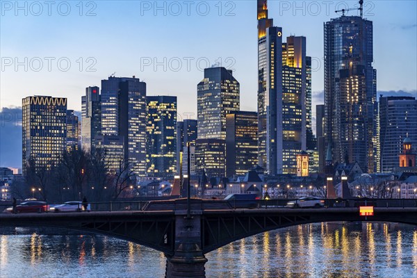 Skyline of the city centre of Frankfurt am Main, river Main, dusk, Ignatz-Bubis-Brücke, Hesse,