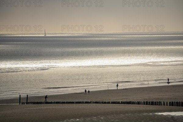 Evening mood on the North Sea beach near Zoutelande, Zeeland, anglers, walkers, breakwater,