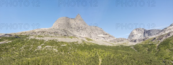 Panorama aerial view of Mt. Stetind, famous norwegian mountain, northern Norway