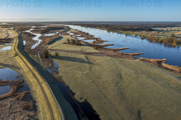 Aerial view of new dyke construction further inlands than the old dyke, flood protection, river