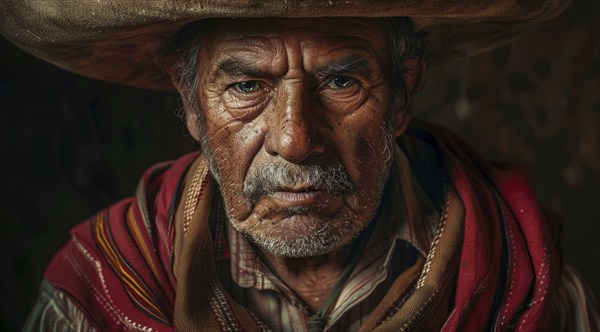 Authentic gaucho portrait. A man with a cowboy hat and beard is looking at the camera, AI generated