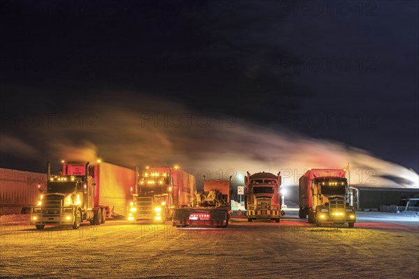Truck, trucks, running engine, snow, winter, cold, Arctic, night shot, Eagle Plaines, Dempster