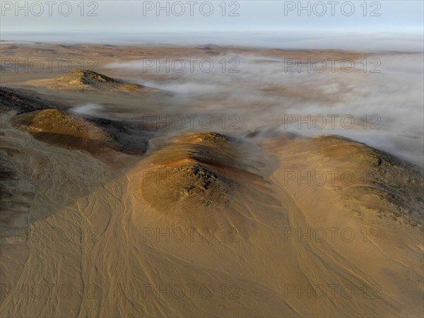 Coastal fog over the desert, aerial view, Hoarusib dry river, Kaokoveld, Kunene region, Namibia,