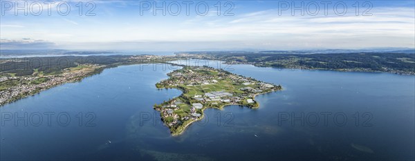 Aerial view, panorama of the island of Reichenau in Lake Constance seen from the west, on the left