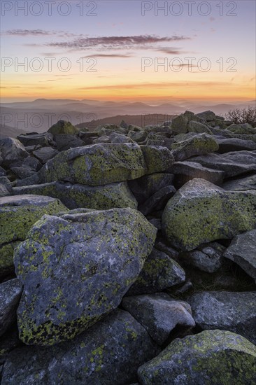 Block heaps at the Lusen summit, dawn, Bavarian Forest National Park, Bavaria, Germany, Europe