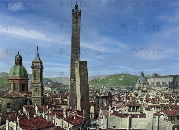 The two leaning towers Garisenda and Asinelli in Bologna, Italy, 1890, Historical, digitally