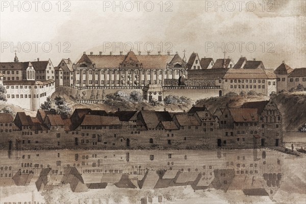 View of the town of Meersburg around 1790, New Castle, copperplate engraving by Johann Heinrich