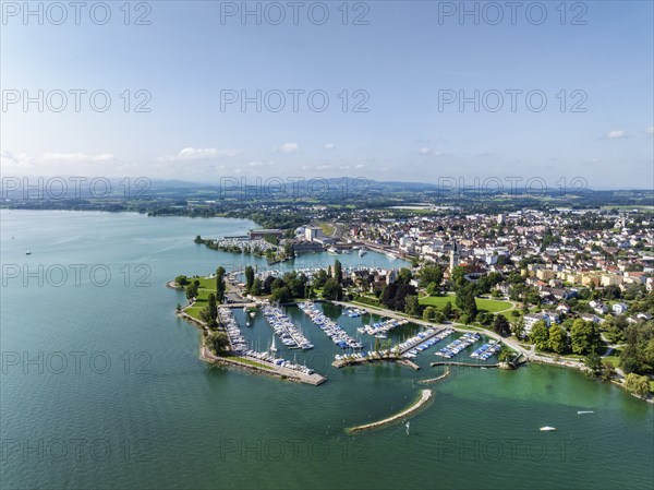 Harbour area, ferry port, yacht harbour, marina of Romanshorn with lake park, aerial view, Lake