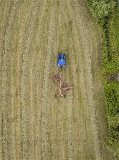 Aerial view of a tractor with a hay tedder working a hay field, surrounded by trees and a country