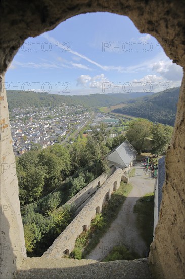 View from the keep of Nassau Castle built in 1093, view down, view, Lahntal, landscape, cityscape,