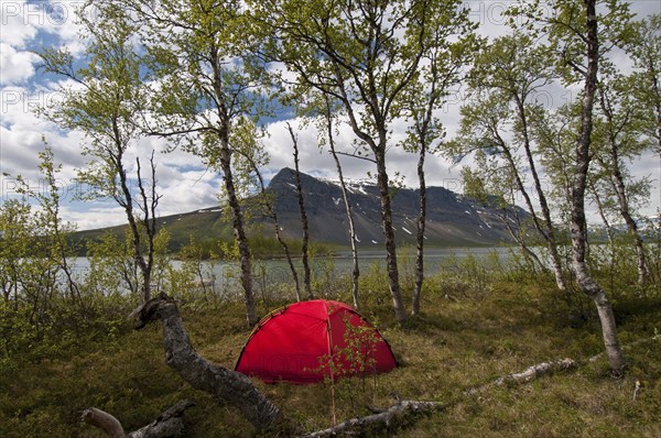 Tent on an island in Lake Laitaure, Mount Tjahkkelij in the background, Sarek National Park,