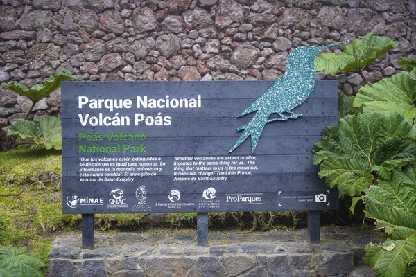 Sign of the Parque Nacional Volcán Poás, at the entrance to the national park, central highlands,
