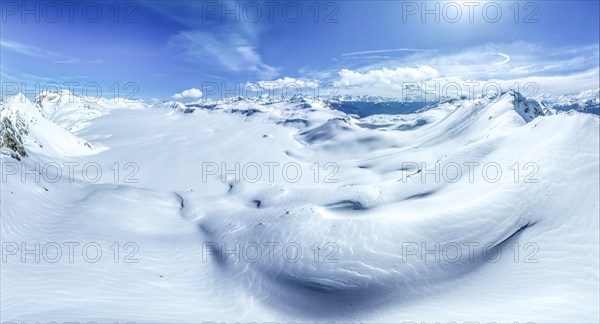 Aerial view, Alpine panorama, Snow-covered glacier plain, Plaine-Morte glacier, Bernese Alps,