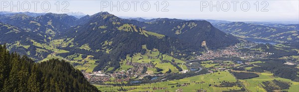 Panorama from Grünten, 1738m, into the Illertal, Immenstadt, Alpsee and Allgäu Alps, Oberallgäu,