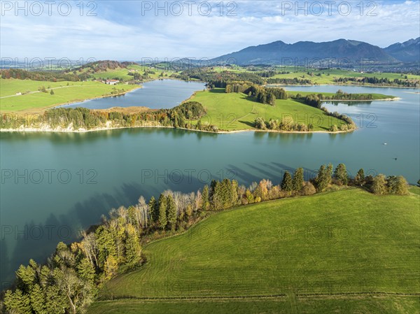Aerial view of lake Forggensee, near Dietringen, Ammergauer Alpen, Allgaeu, Bavaria, Germany,