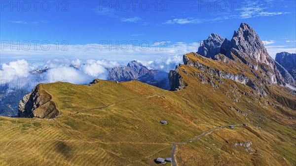 The Sas Rigais and Furchetta peaks of the Odle Group, drone shot, Val Gardena, Dolomites,