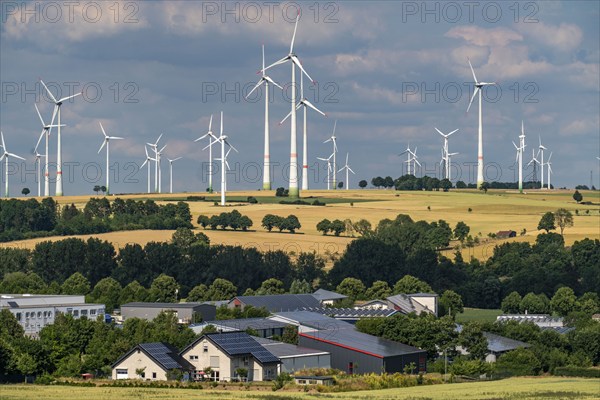 Wind farm near the East Westphalian town of Energiestadt Lichtenau, many residential and commercial