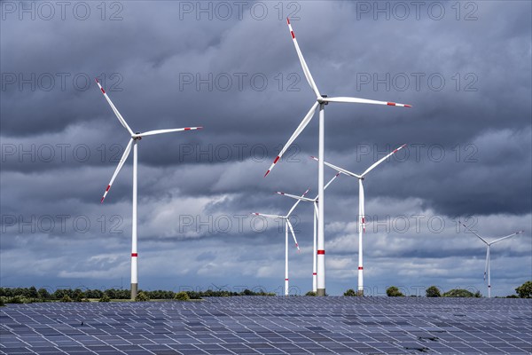 Solar park and wind farm near Morschheim, part of the municipality of Kirchheimbolanden,
