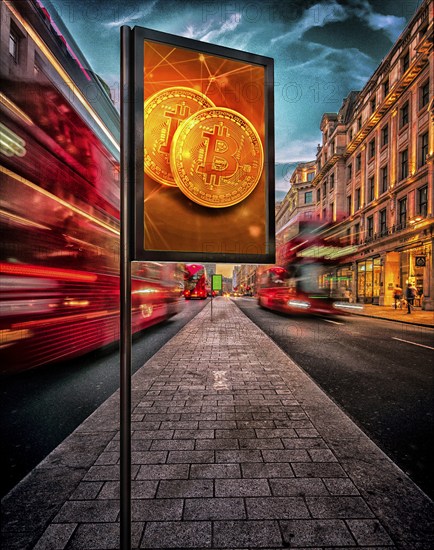 Symbolic image, Bitcoin poster in London, questionable vision of the future, stock market prices,