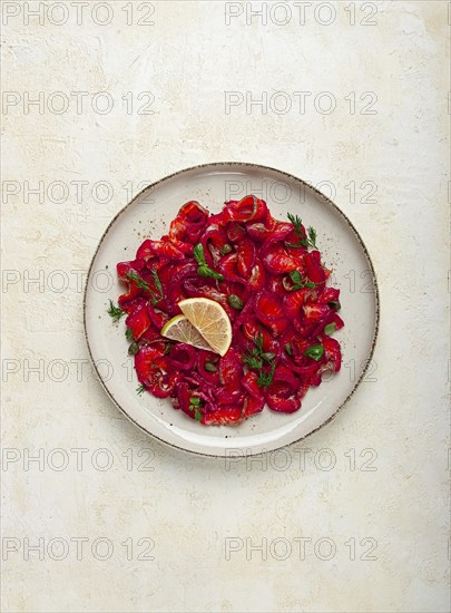 Salmon gravlax with beetroot, Scandinavian snack, beet gravlax, lightly salted fish, homemade, no