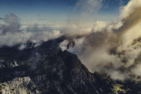 Sunrise hike on the Hochplatte in the Ammergau Alps, Ammergebirge in the Allgäu, Bavaria, Germany,