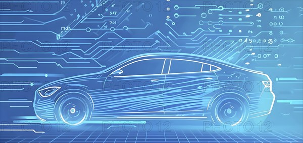 Sport car silhouette with vibrant blue dynamic lines showing motion, surrounded by data streams, AI