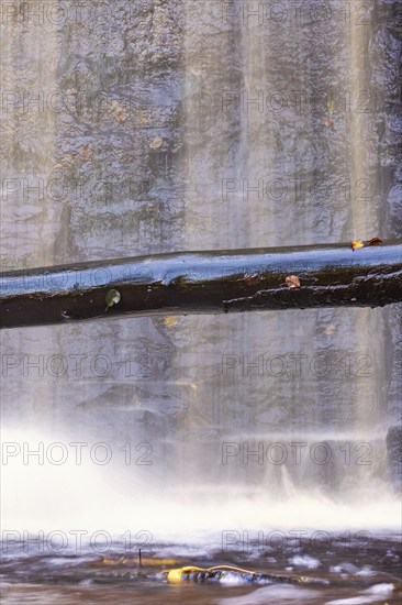 Tree log at a waterfall with falling water by a rock face