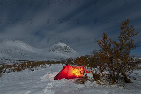 Tent in mountain landscape, Sarek National Park, World Heritage Laponia, Norrbotten, Lapland,