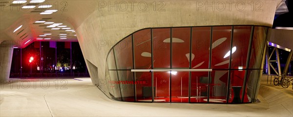 Under the phæno building, an experimental landscape and science centre at night, Wolfsburg, Lower